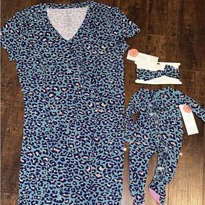 Posh peanut lana teal newborn footie, bow and matching mom dress